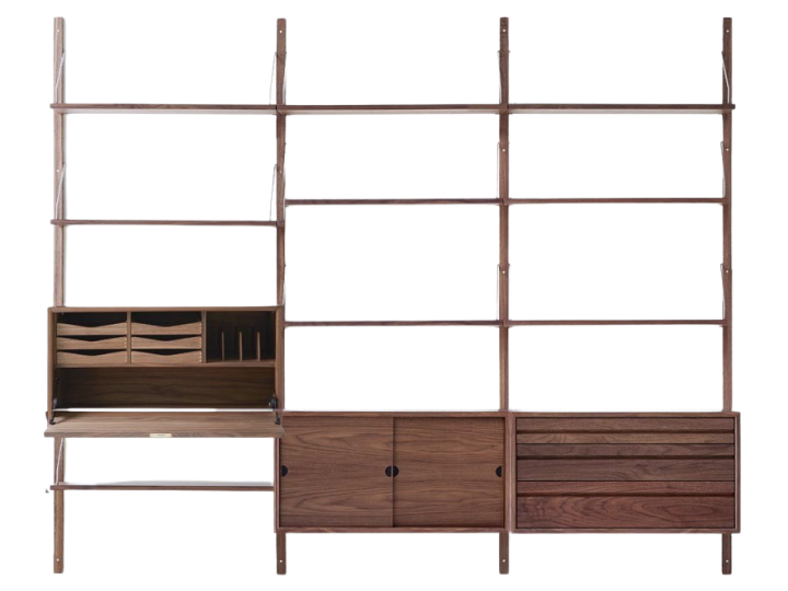 Mid modern scandinavian shelving system, model Royal System by Poul Cadovius, new edition. Comb 5