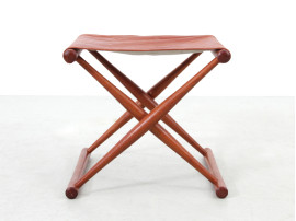 Tabouret pliant en teck et cuir