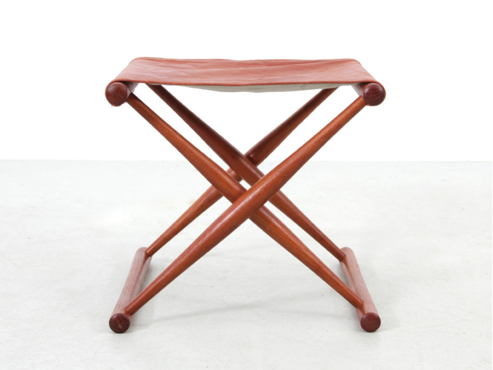 Tabouret pliant en teck et cuir