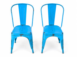 Suite de 4 chaises Tolix, 2 jaunes, 2 bleues. Edition des années 60