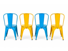 Suite de 4 chaises Tolix, 2 jaunes, 2 bleues. Edition des années 60