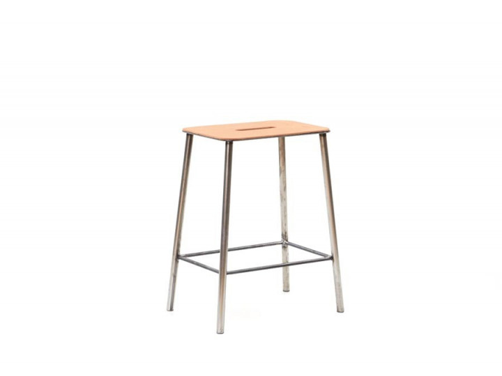 Adam stool.   Rectangular leather seat and raw steel structure.  H50 cm. 