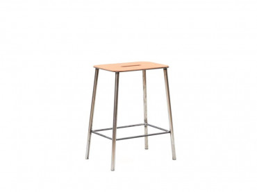 Adam stool.   Rectangular leather seat and raw steel structure.  H50 cm. 