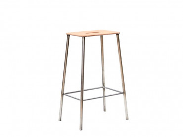 Adam stool. Rectangular nature leather seat and raw steel structure. H65 cm or H76 cm