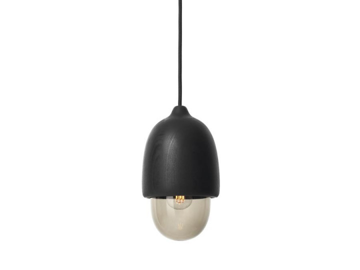 Suspension scandinave modèle Tehro. Taille S. Tilleul teinté noir et verre fumé. 