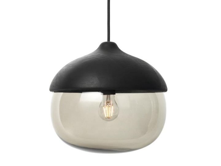 Suspension scandinave modèle Tehro. Taille L. Tilleul teinté noir et verre fumé. 