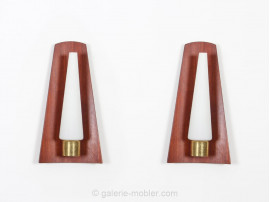 Pair of Scandinavian wall lamps in teak and opal glass