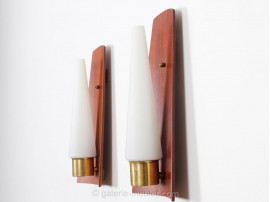 Pair of Scandinavian wall lamps in teak and opal glass