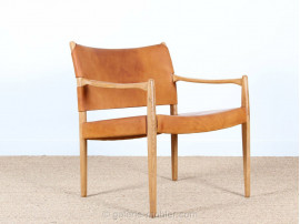 Pair of scandinavian oak and leather easy chairs