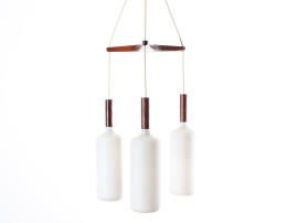 Three-light chandelier in teak with opal glass