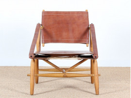 Fauteuil scandinave Safari en hêtre et cuir