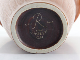 Scandinavian vase with incised pattern and reddish brown haresfur glaze by Gunnar Nylund for Rörstrand.