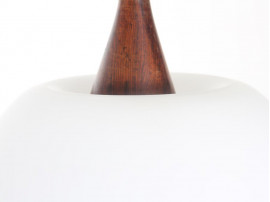 Large mid modern danish ceiling lamp in opal glass and teak