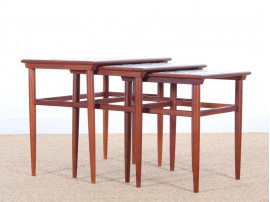 Danish mid-century modern nesting tables in teak and ceramic