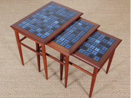 Danish mid-century modern nesting tables in teak and ceramic