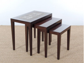 Danish mid-century modern nesting tables in mahogany and ceramic by Severin Hansen