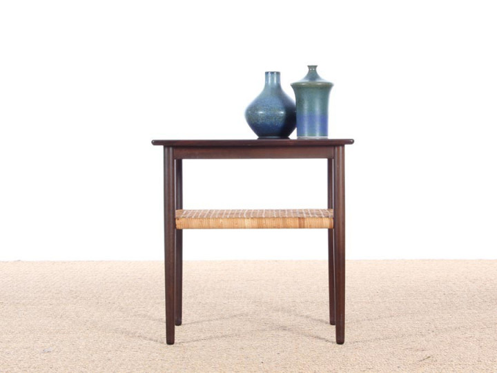 Danish mid-century modern side table in Rio rosewood and cane