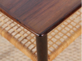 Danish mid-century modern side table in Rio rosewood and cane