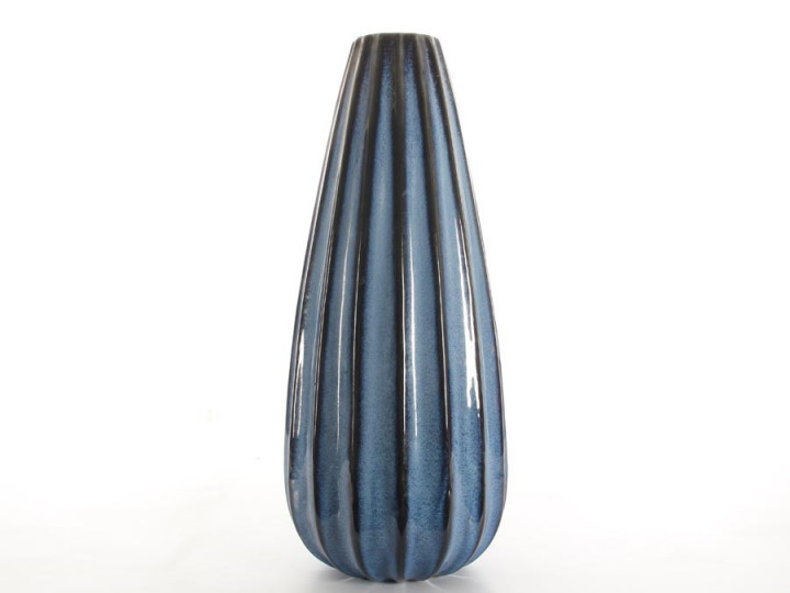 Céramique scandinave, grand vase  bleu cannelé