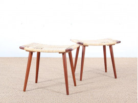 Paire de tabourets scandinaves en teck et cannage