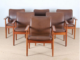 Mid-Century Modern scandinavian set of 6 diplomat armchairs in teak by Finn Julh