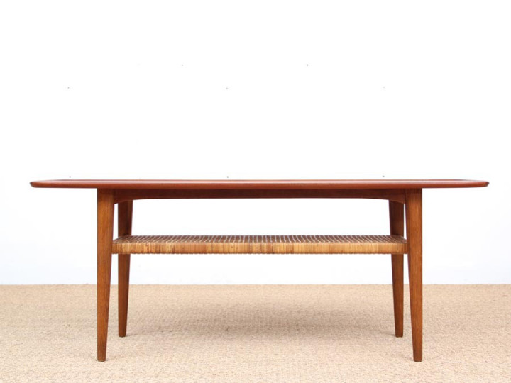 Table basse scandinave en teck, chêne et cannage