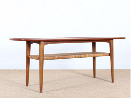 Table basse scandinave en teck, chêne et cannage