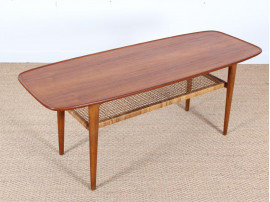 Table basse scandinave en teck, chêne et cannage