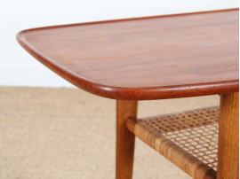 Table basse scandinave en teck, chêne et cannage