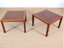 Paire de tables basses scandinaves carrées en marqueterie