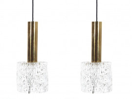 Mid century modern pair of pendant lamps in glass and brass by Carl Fagerlund