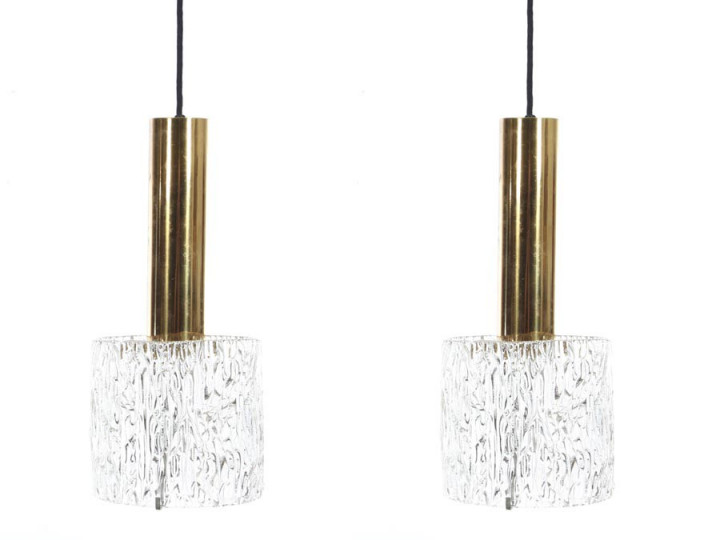 Mid century modern pair of pendant lamps in glass and brass by Carl Fagerlund