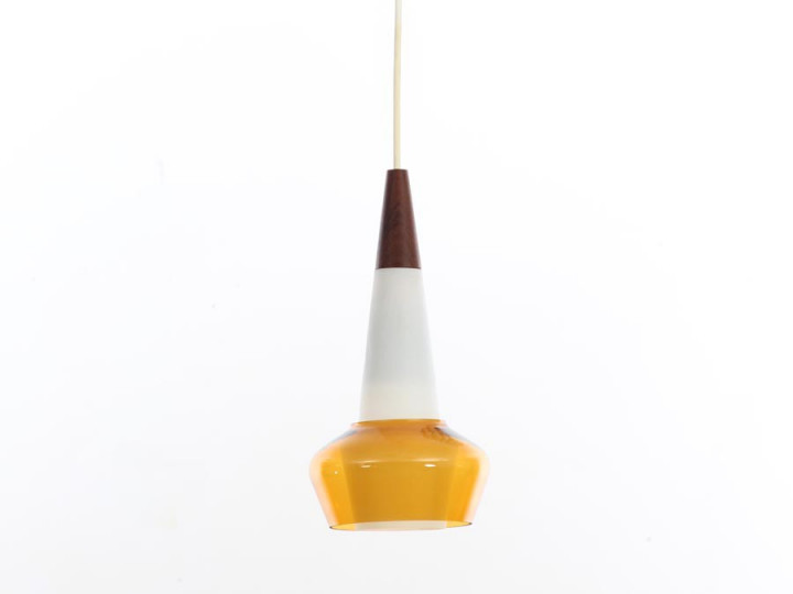 Mid-Century  modern scandinavian pendant lamp in teak, opal and colored glass