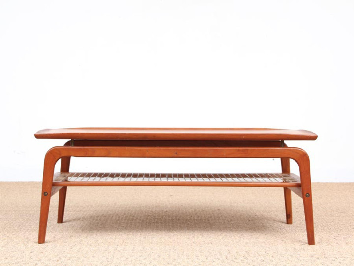 Mid-Century  modern  coffee table in in teak and cane