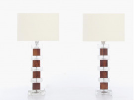 Mid century modern scandinavian pair of lamps in glass and Rio rosewood