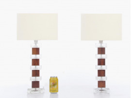 Mid century modern scandinavian pair of lamps in glass and Rio rosewood