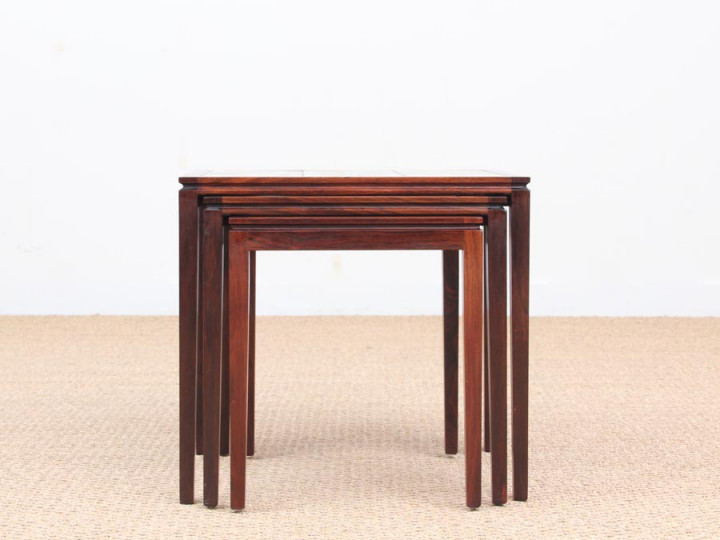 Mid-Century  modern scandinavian nesting tables in Rio rosewood and ceramic tales