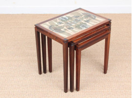 Mid-Century  modern scandinavian nesting tables in Rio rosewood and ceramic tales