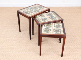 Mid-Century  modern scandinavian nesting tables in Rio rosewood and ceramic tales