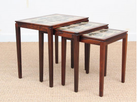 Mid-Century  modern scandinavian nesting tables in Rio rosewood and ceramic tales