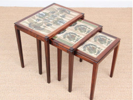 Mid-Century  modern scandinavian nesting tables in Rio rosewood and ceramic tales