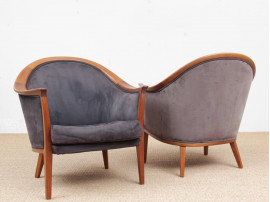 Mid-century Modern paire of lounge chairs in teak and alcantara by Bertil Fridhagen