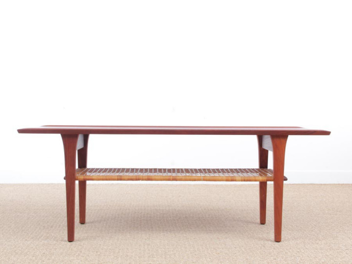 Mid-Century  modern scandinavian coffee table in teak and canne