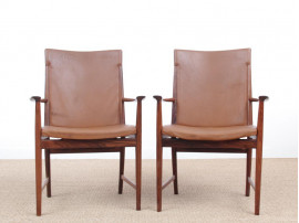 Mid century modern pair of armchair in Rio rosewood and cognac leather by Kai Lyngfeldt Larsen