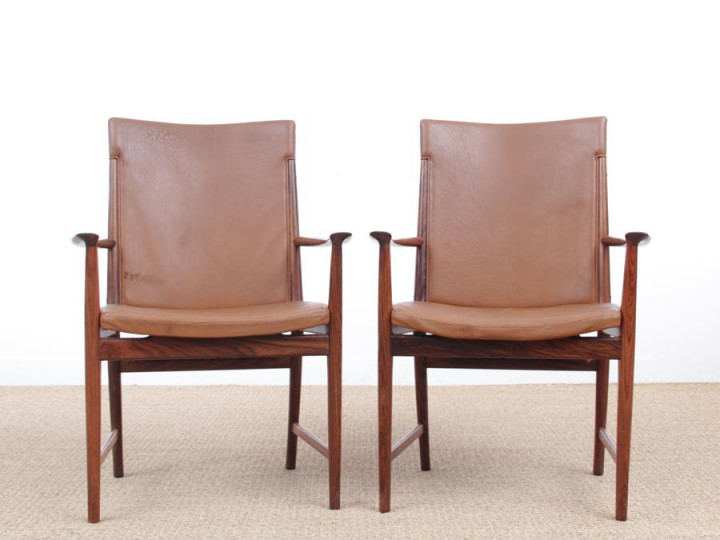 Mid century modern pair of armchair in Rio rosewood and cognac leather by Kai Lyngfeldt Larsen