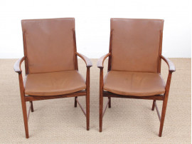 Mid century modern pair of armchair in Rio rosewood and cognac leather by Kai Lyngfeldt Larsen