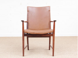 Mid century modern pair of armchair in Rio rosewood and cognac leather by Kai Lyngfeldt Larsen