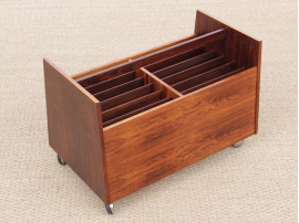 Mid-Century  modern scandinavian vinyl record rack on wheels in Rio rosewood