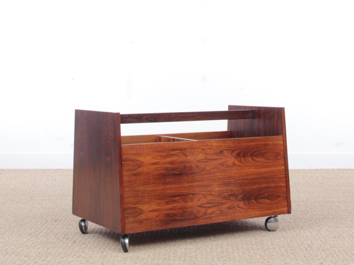 Mid-Century  modern scandinavian vinyl record rack on wheels in Rio rosewood