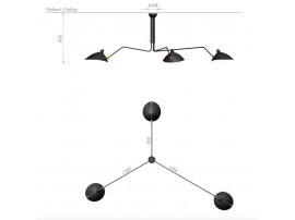 Ceiling lamp with 2 still arms or 3, 5 rotating arms by Serge Mouille, new edition